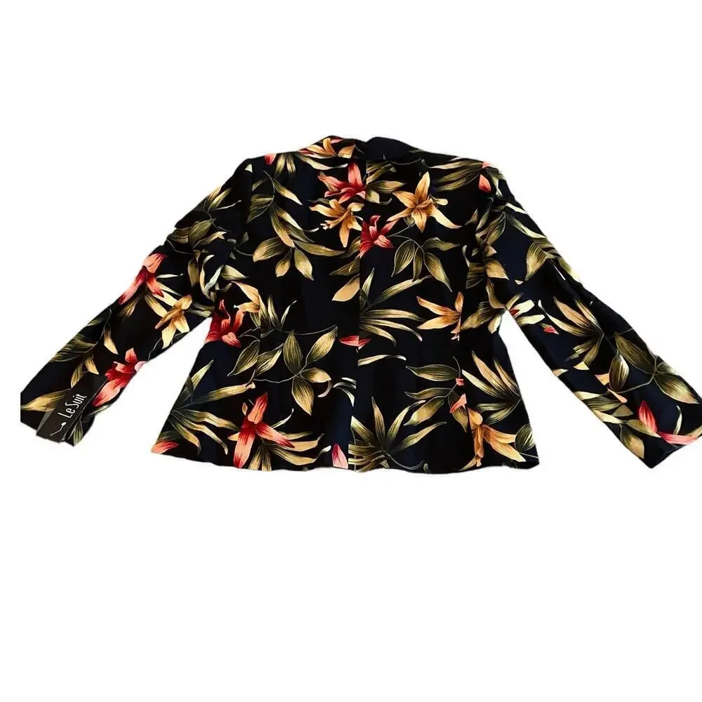 NWT Le Suit Black Tropical Floral Linen Blend Blazer Jacket Size 10